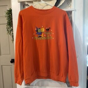 Vintage Halloween Sweatshirt Womens Orange Xl Witch Black Cat Retro Stars Moon